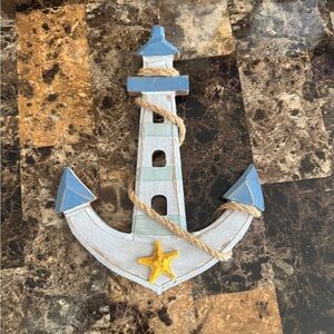 Rustic Wooden Lighthouse Anchor Wall Decor - Nautical Starfish & Rope 10"